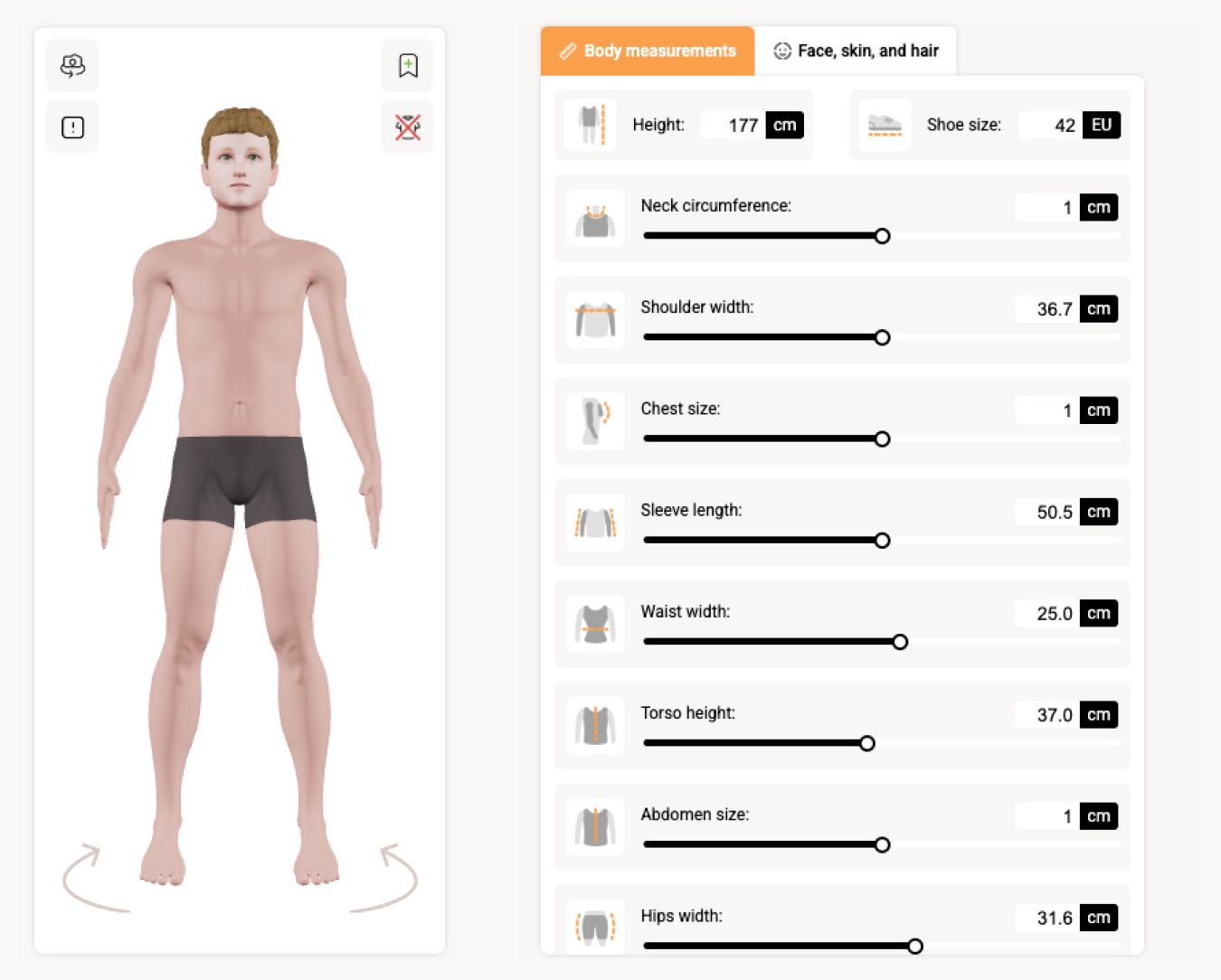 customise avatar body with various dimensions example